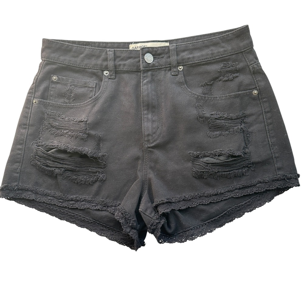 Garage Black Distressed Denim Shorts Lace Trim High Waisted Size 7 Travel Grunge